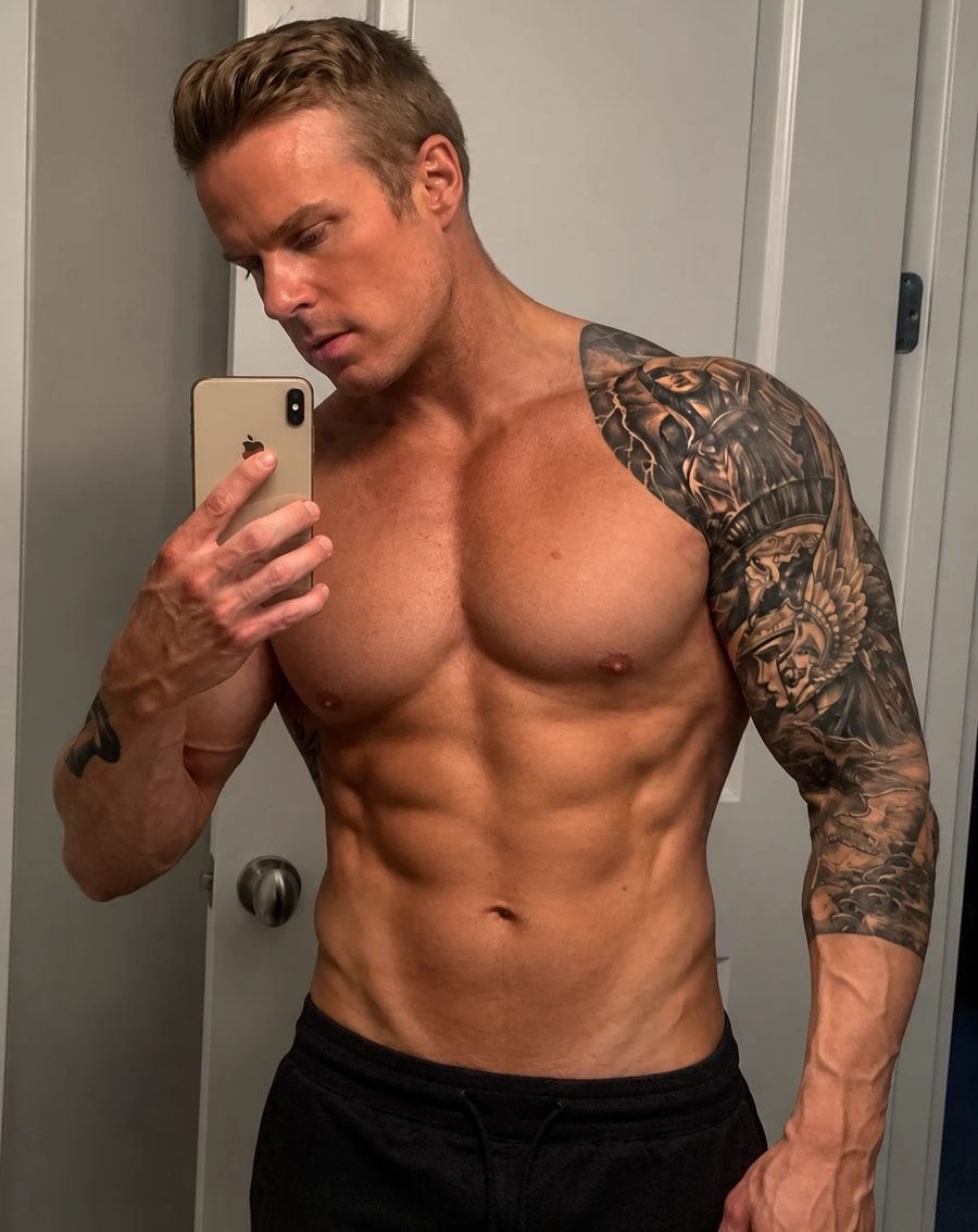 Ryan Engel today, in his forties: lean, defined abs, tattoo sleeve