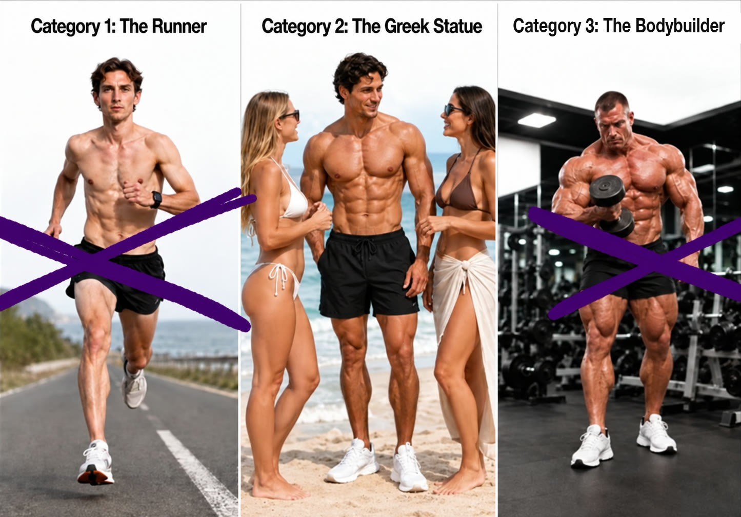 Three body types: the runner, the lean Greek-statue physique with two women beside him, and the heavily muscled bodybuilder